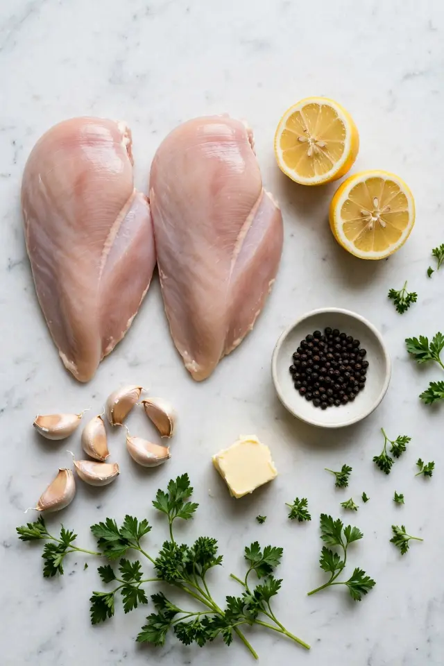Ingredients for lemon pepper chicken including chicken, lemon, and pepper