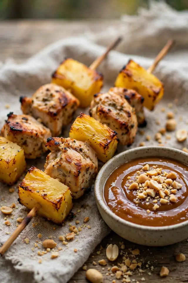 Grilled pineapple chicken skewers served with peanut dipping sauce
