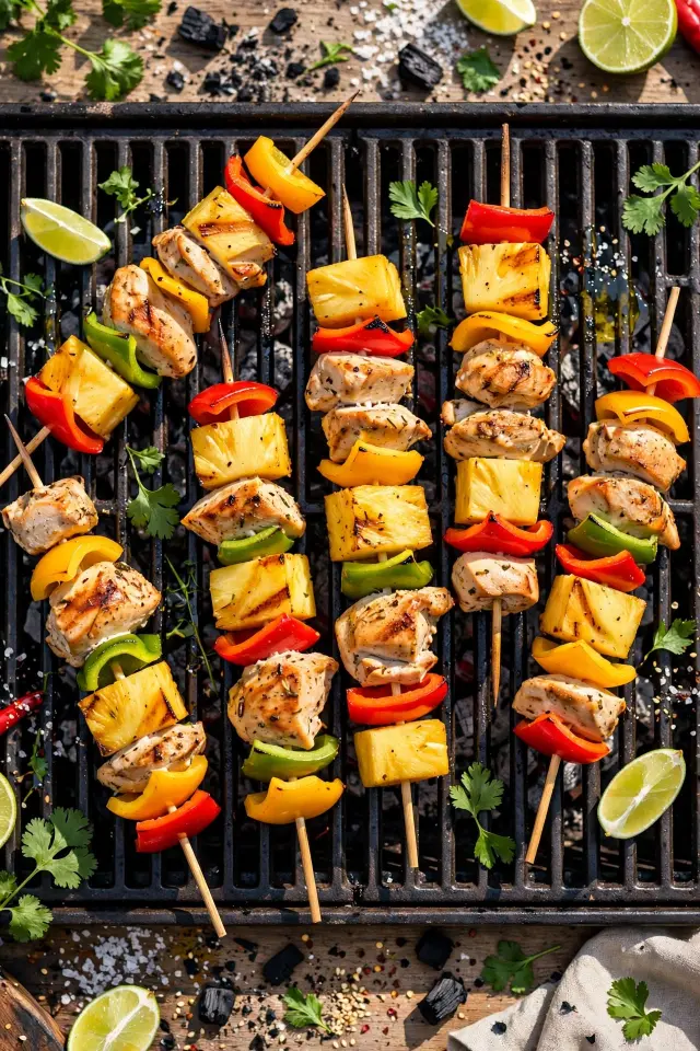Grilled pineapple chicken skewers with bell peppers and teriyaki glaze