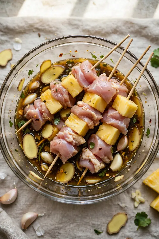 Ginger garlic marinated pineapple chicken skewers before grilling