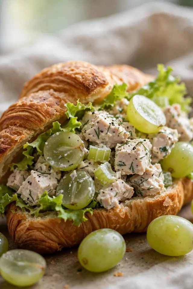 Chicken salad sandwich on a croissant, close-up shot
