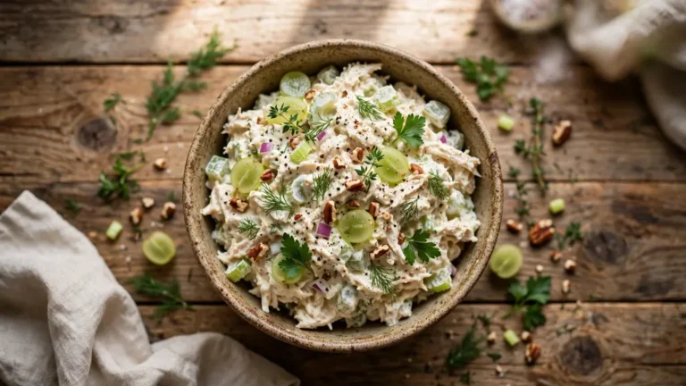 Creamy chicken salad recipe in a bowl with celery, grapes, and herbs