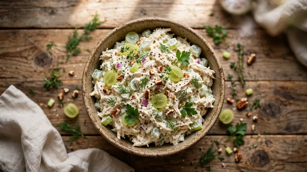 Creamy chicken salad recipe in a bowl with celery, grapes, and herbs