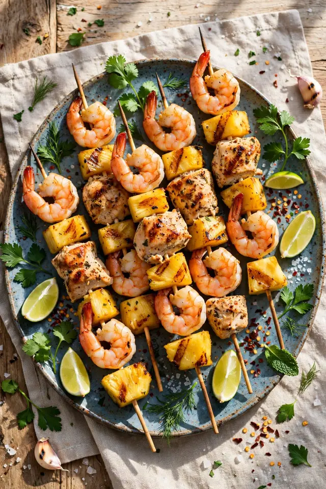 Grilled pineapple chicken and shrimp skewers on a platter