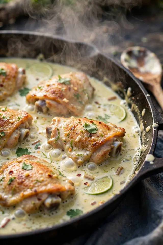 Chicken simmering in coconut lime sauce in a skillet