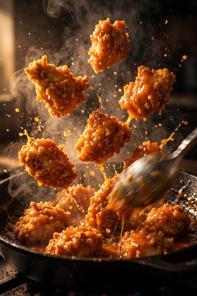 Tossing crispy chicken pieces in sticky orange sauce in a skillet.