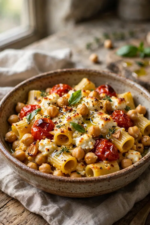 Mediterranean chickpea baked feta pasta bowl