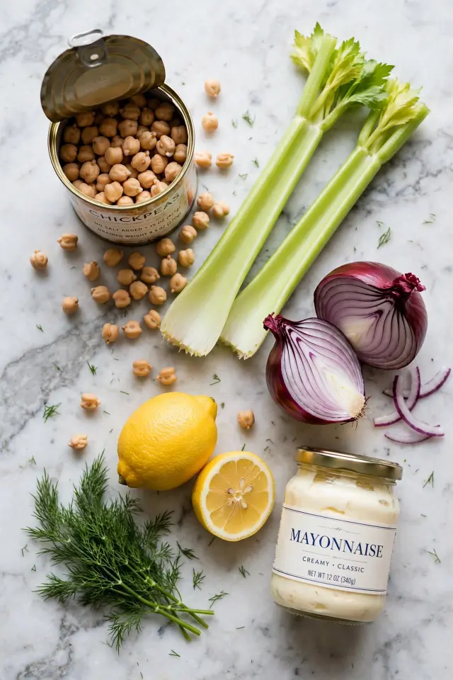 Ingredients for chickpea salad sandwiches arranged on kitchen counter