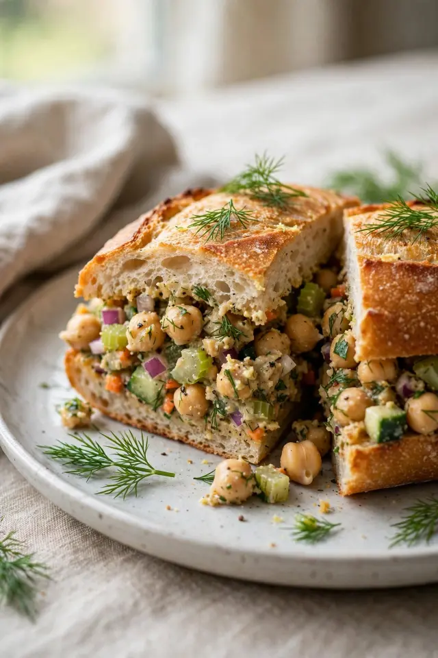 Close-up of chickpea salad sandwich filling with celery, onion, and dill