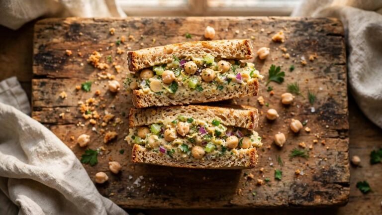 Chickpea salad sandwich cut in half on toasted bread, showing creamy filling