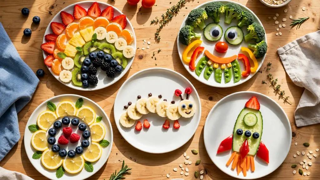 Collage of colorful food art ideas for kids including fruit and veggie creations