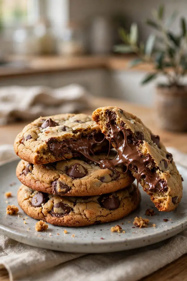 Stack of homemade Crumbel chocolate chip cookie recipe cookies with gooey centers