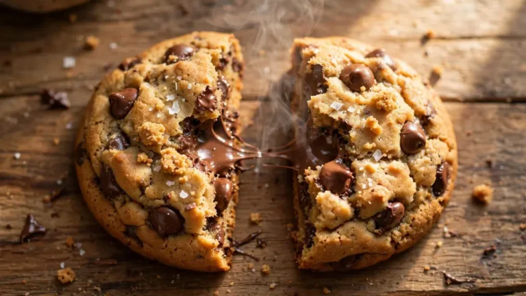 Thick Crumble chocolate chip cookie recipe cookie split open showing gooey center