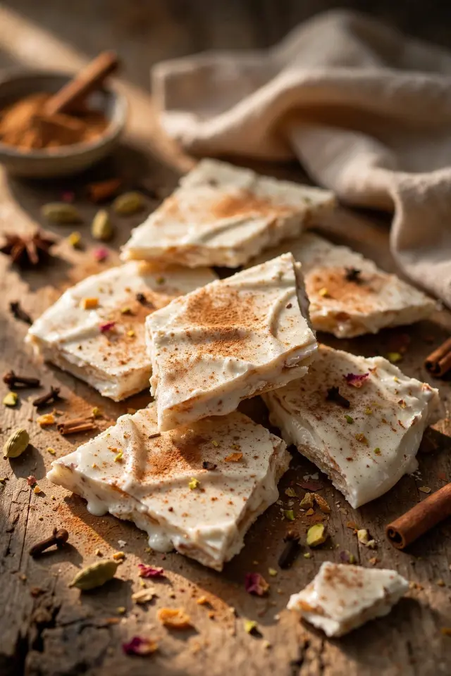 Chai spiced frozen yogurt bark with cinnamon dusting
