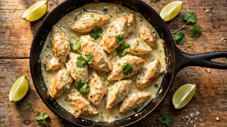 Coconut lime chicken in creamy sauce garnished with lime and cilantro