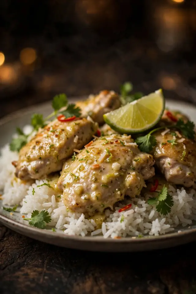 Plated coconut lime chicken over rice with lime and cilantro garnish