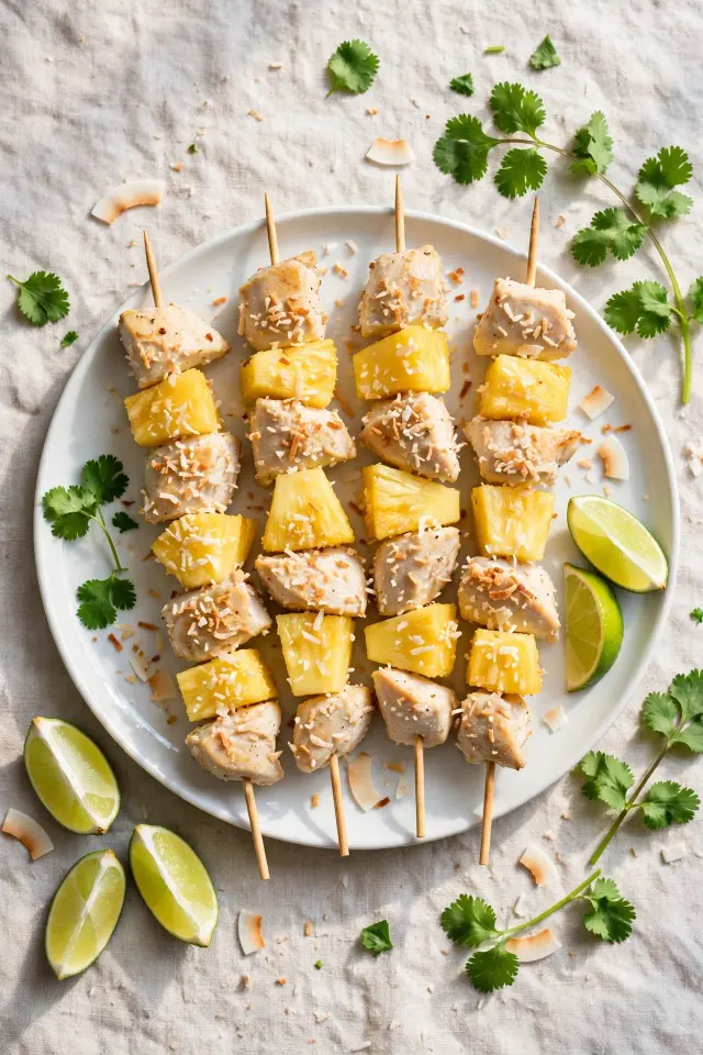 Coconut lime grilled pineapple chicken skewers with fresh lime garnish