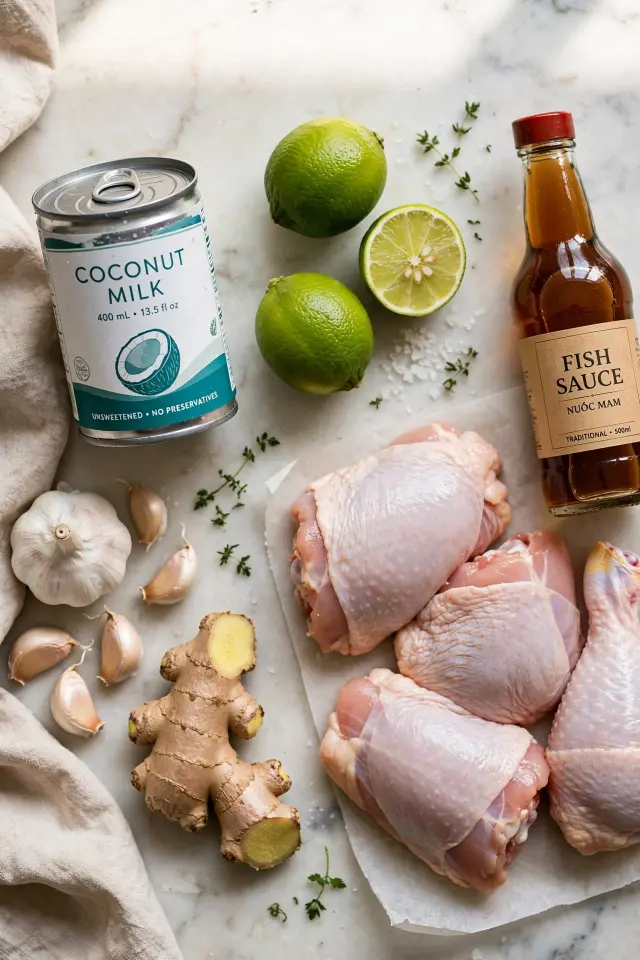 Ingredients for coconut lime chicken including coconut milk, limes, and chicken