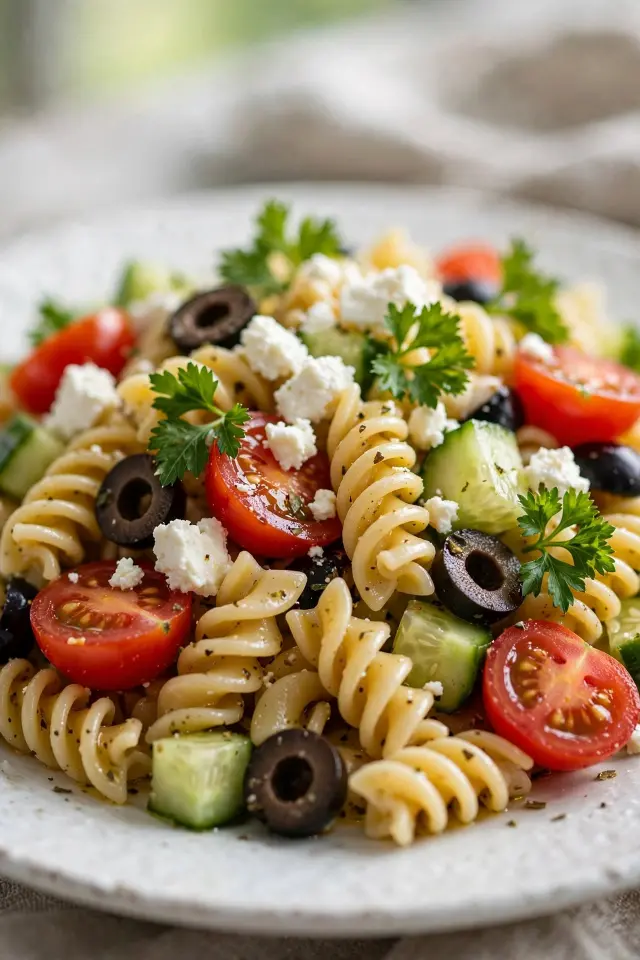 Close-up of cold pasta salad garnished with feta and parsley