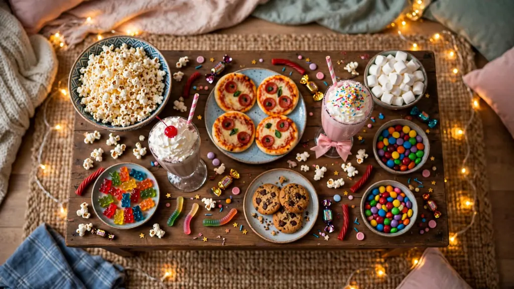 Sleepover food snacks ideas spread on a table with popcorn and treats
