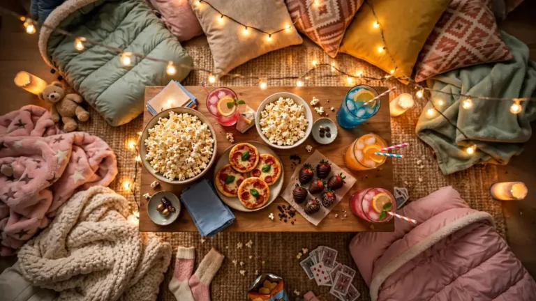 Alt Text: Sleepover food snacks ideas spread on a table with popcorn, pizza, and treats