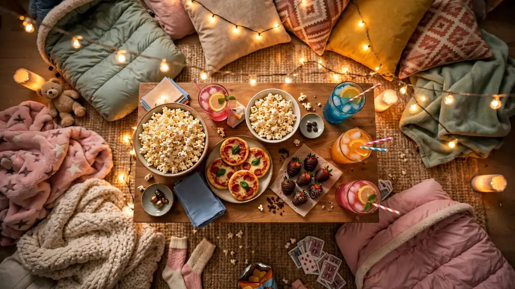 Alt Text: Sleepover food snacks ideas spread on a table with popcorn, pizza, and treats