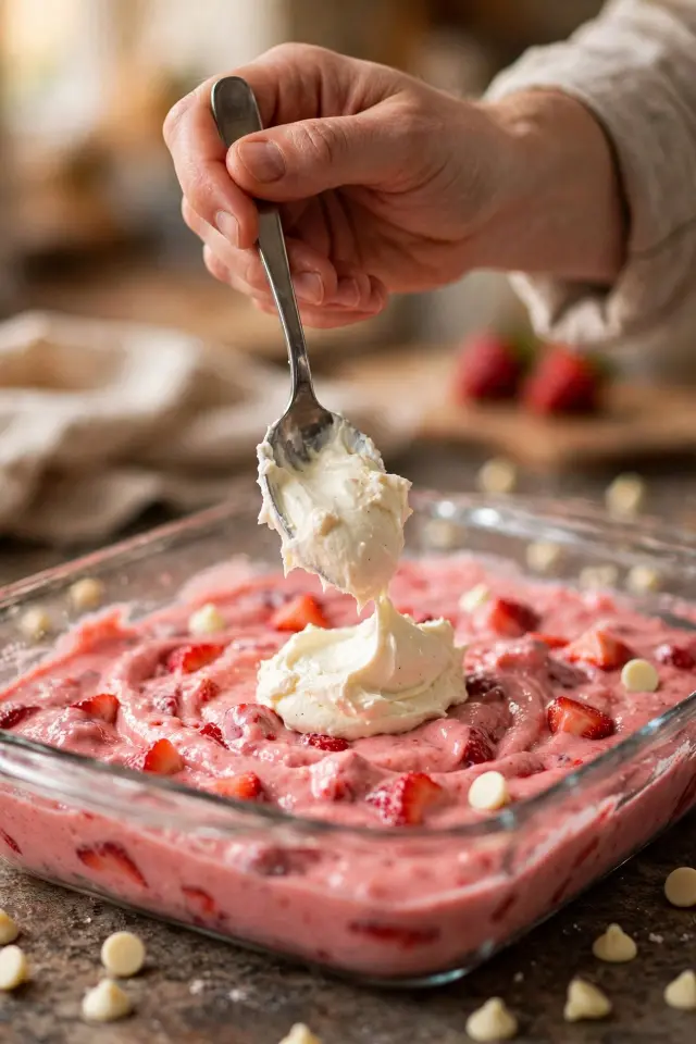: Dolloping cream cheese mixture over strawberry cake batter before baking