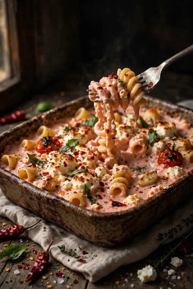 Spicy vodka-style baked feta pasta with chili flakes