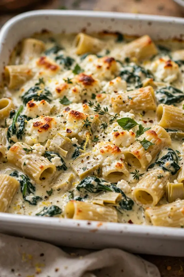 Spinach artichoke baked feta pasta bake