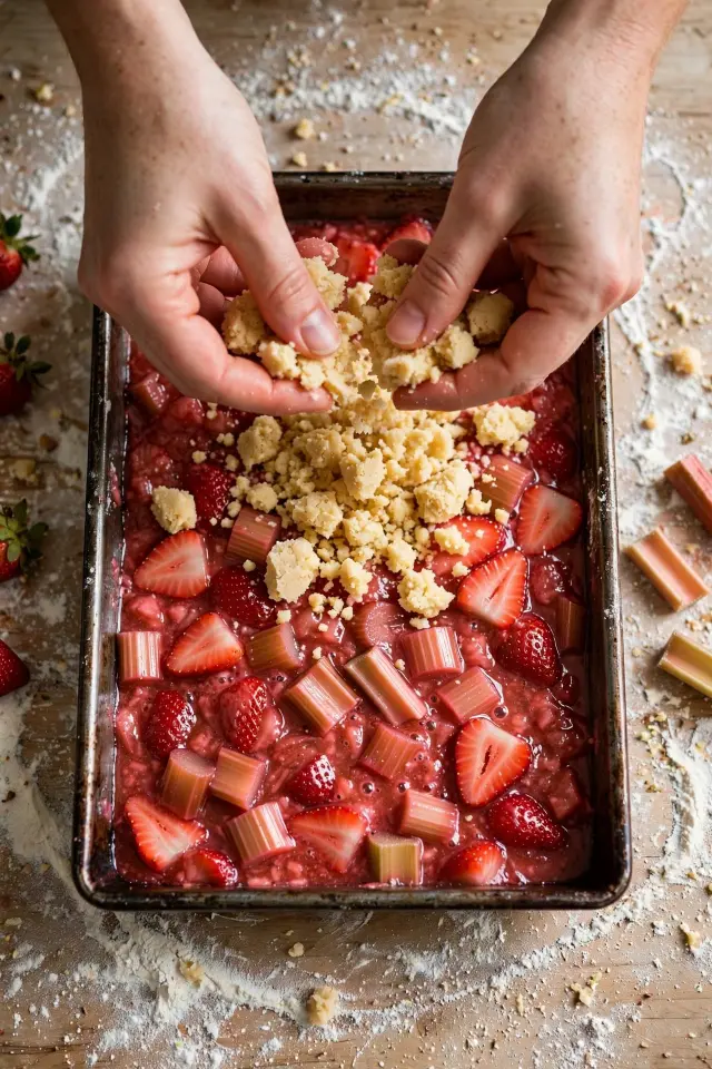 Crumb topping being scattered over strawberry rhubarb filling before baking.