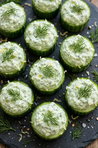 Cucumber cups filled with Greek yogurt tzatziki, healthy appetizer