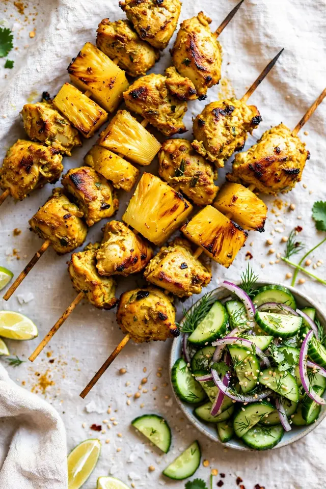 Curry coconut grilled pineapple chicken skewers with cucumber salad