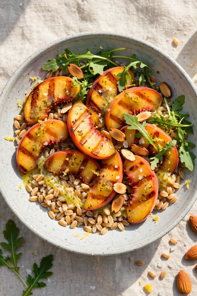 Grilled peach and arugula grain bowl with farro