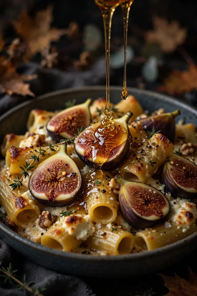 Fig and honey baked feta pasta with honey drizzle
