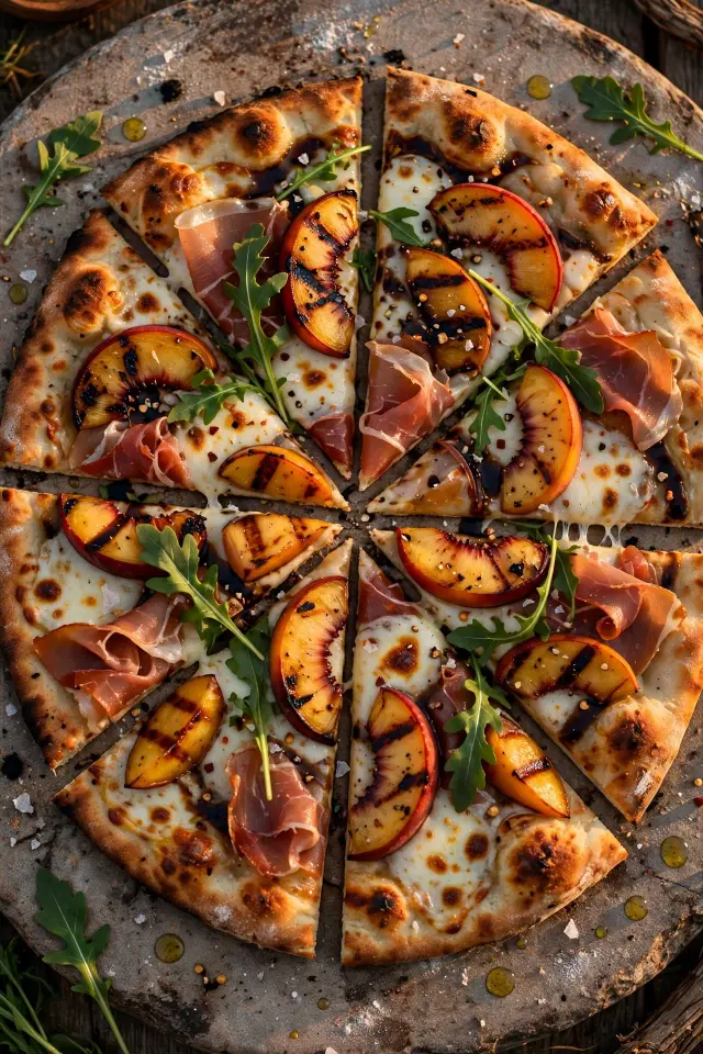 Overhead shot of grilled peach and prosciutto flatbread sliced] Image Prompt: Overhead shot of sliced flatbread topped with grilled peaches, prosciutto, melted mozzarella, arugula, rustic pizza stone, warm evening light 