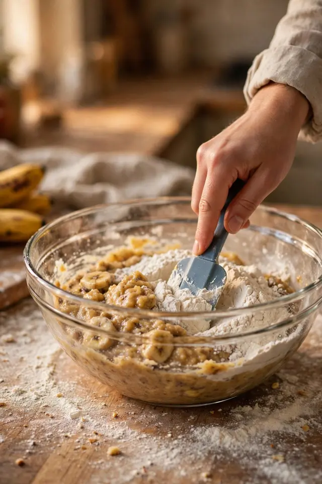  Folding flour into banana bread batter with a spatula