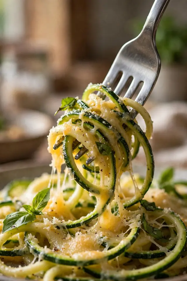 Close-up of forkful of zucchini zoodle pasta with parmesan