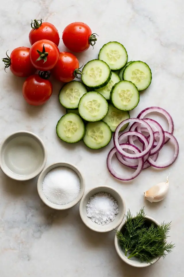 Fresh ingredients for pickled cherry tomatoes onion cucumber recipe
