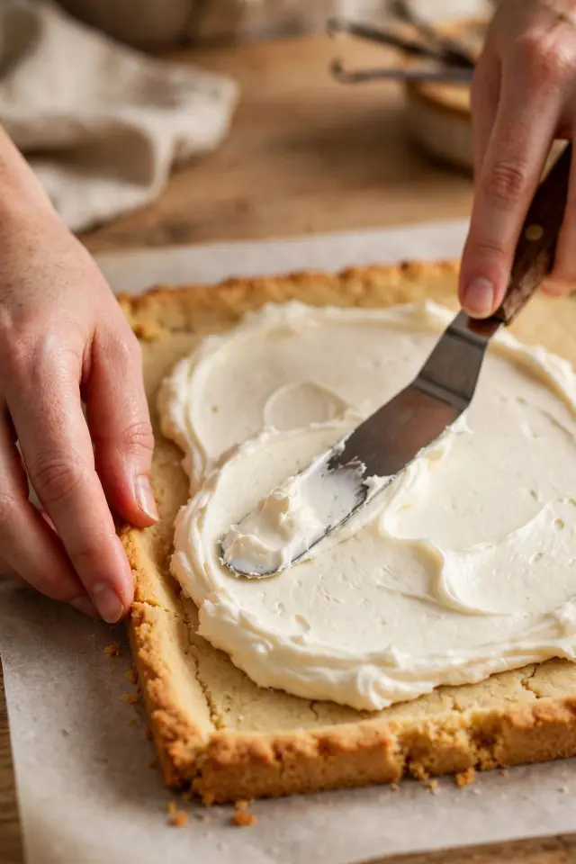 Spreading cream cheese frosting on sugar cookie crust for fruit pizza