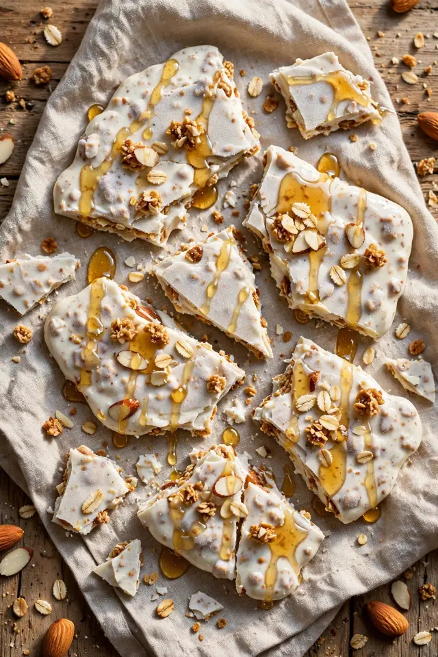 Honey almond granola frozen yogurt bark pieces
