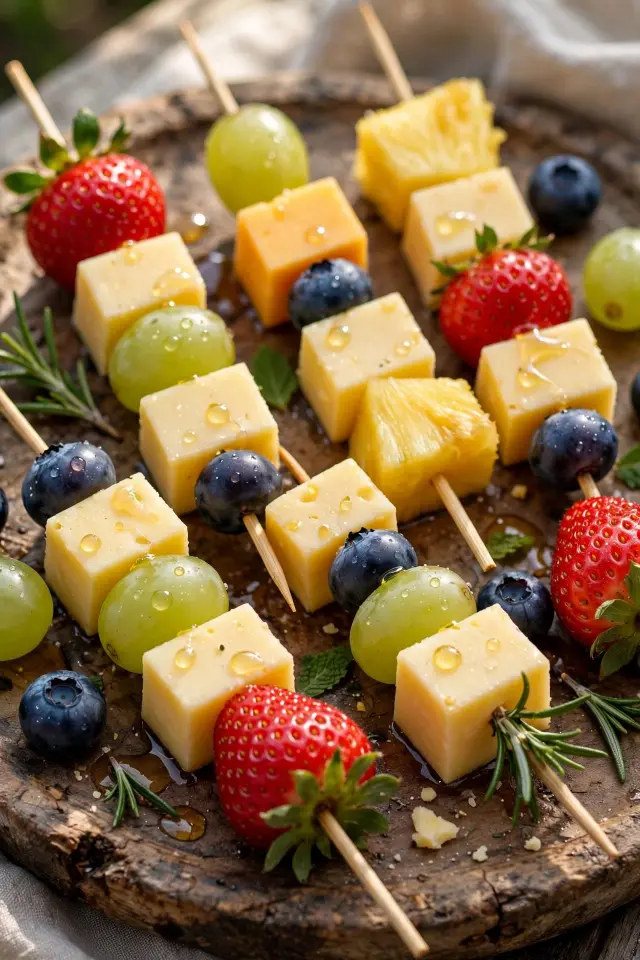 Fruit and cheese kabobs, a balanced fruit platter idea for kids