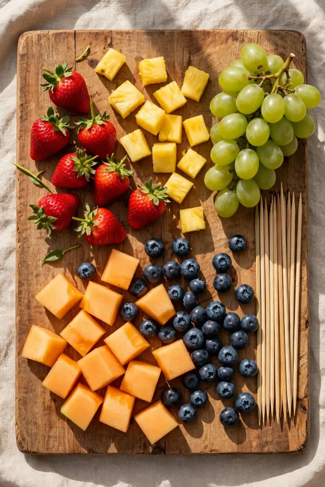 Fresh fruit and skewers laid out for making fruit skewers for parties