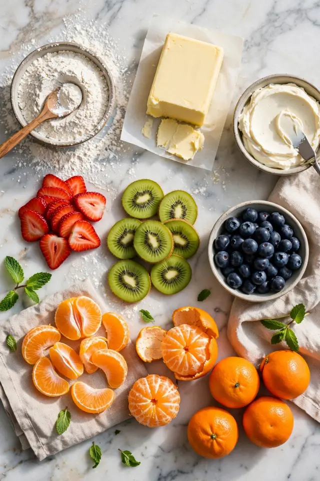  Ingredients for fruit pizza recipe including fresh fruit and cream cheese frosting
