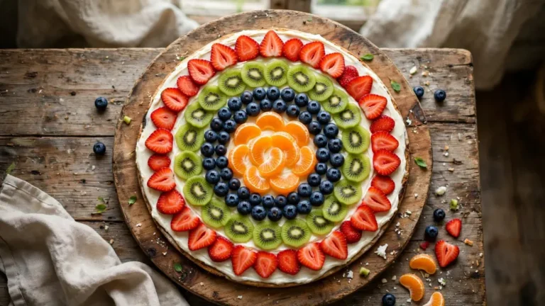 Fruit pizza recipe with sugar cookie crust and fresh fruit arranged in rings
