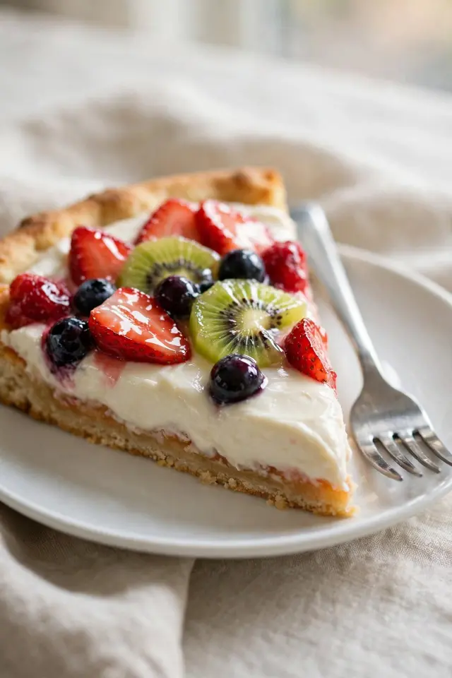Slice of fruit pizza recipe with cream cheese frosting and fresh fruit