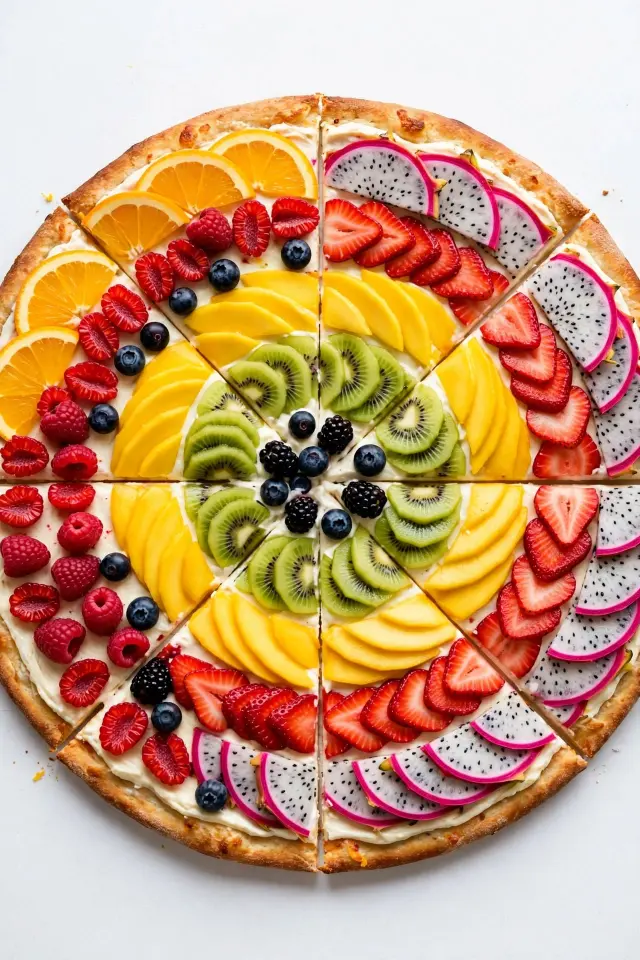 Fruit pizza with yogurt sauce, a fun fruit platter idea for kids
