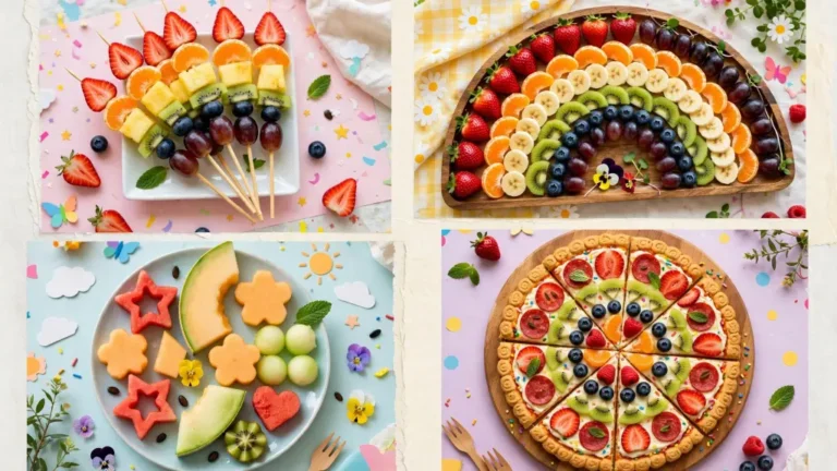 Collage of fruit platter for kids ideas including skewers and rainbow trays
