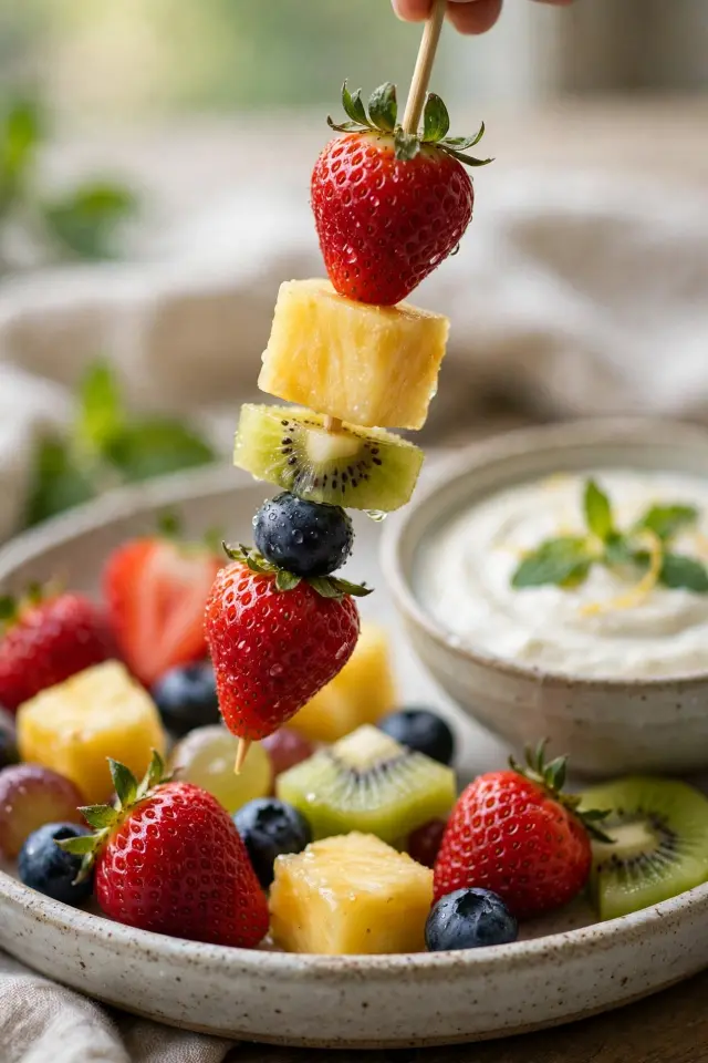 Close-up of a finished fruit skewer, perfect for parties
