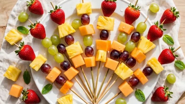 Fruit skewers for parties arranged on a platter with strawberries and melon