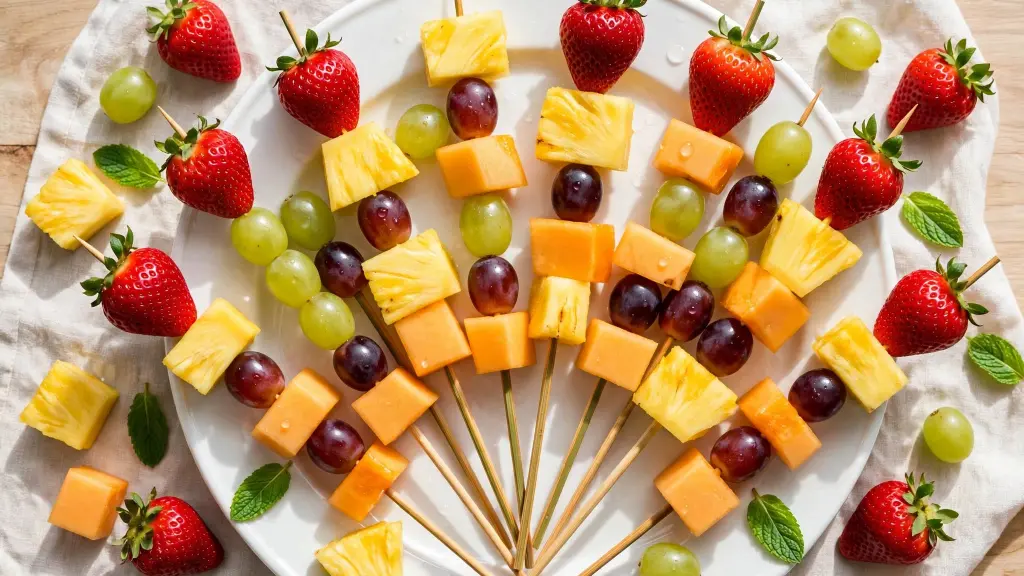 Fruit skewers for parties arranged on a platter with strawberries and melon